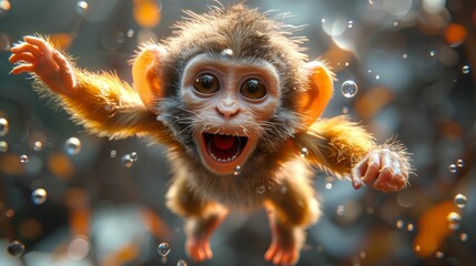 A baby monkey is jumping in the air with bubbles around it