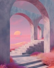 Canvas Print - Surreal stone arches and stairs at sunset