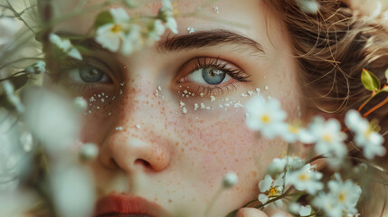 Wall Mural - Freckled face with blue eyes among white flowers