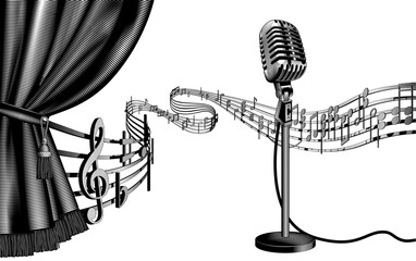 A retro microphone on a stand, a curly ribbon of musical notes and an open vintage curtain. Drawing in black and white engraving style. Vector illustration