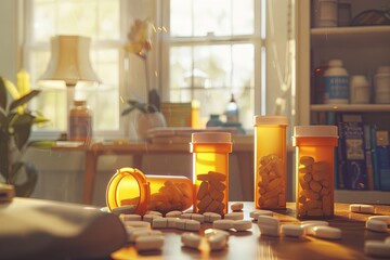 Aufkleber - Close-up photo of open prescription pill bottles and scattered pills on a table, with a hint of a home setting in the background. Generative AI