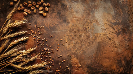 rustic grains and wheat ears on textured backdrop – natural organic food concept