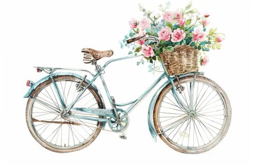 Illustration of a blue retro bicycle with a flower on a white background, watercolor illustrator, bicycle art