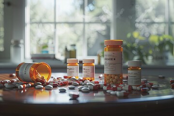 Aufkleber - A close-up shot of open prescription pill bottles with various pills scattered around on a table. Generative AI