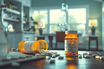 Wall Mural - A close-up view of spilled prescription pills on a table in a home setting. Generative AI