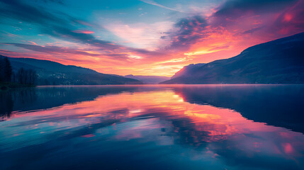 Wall Mural - A beautiful sunset over a lake with a reflection of the sky in the water