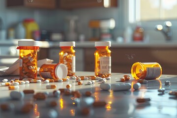Aufkleber - Open prescription pill bottles with pills scattered on a countertop, suggesting a home or pharmacy setting. Generative AI