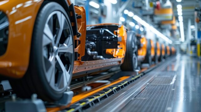 Orange Car on Modern Assembly Line. A bright orange car being assembled on a modern automotive assembly line, highlighting industrial production and technology.