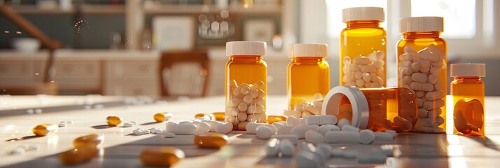 Aufkleber - Close-up image of prescription pill bottles with caps open, pills scattered on a table. Bottles are amber-colored with various types of pills in a home or pharmacy setting. Generative AI
