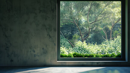 Wall Mural - A window with a view of trees and a green plant in front of it