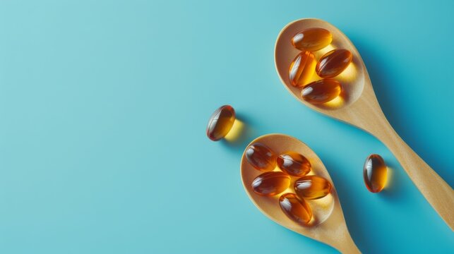AI generated illustration of wooden spoons filled with yellow capsules on a blue background
