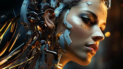 Poster - Robot and human face. Concept of artificial intelligence and cybersecurity