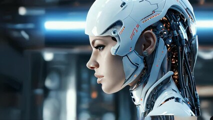 Poster - Connection of human woman and artificial intelligence robot. The concept of merging a person and a computer with neural networks in the future