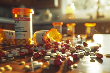 Aufkleber - An image of various pills scattered on a table, with multiple prescription pill bottles lying around with their caps open. Generative AI