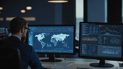 Poster - Back view data scientist analyzing big data, with visualizations on the screen, in a contemporary office