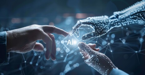 Poster - Human and robot hands reaching towards each other, symbolizing artificial intelligence and human collaboration