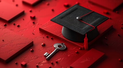 Wall Mural - Graduation cap and key on red background representing academic success