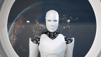 Poster - mlp 3d illustration futuristic robot, artificial intelligence cgi inside spaceship in space universe