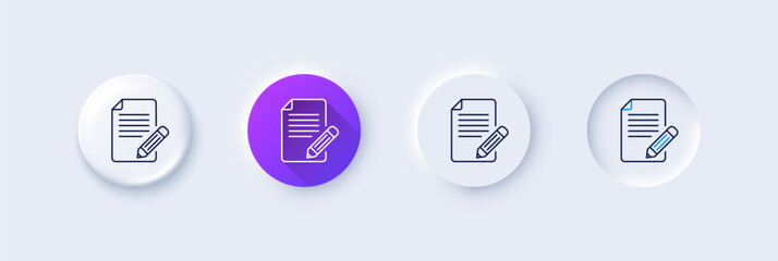 Poster - Feedback line icon. Neumorphic, Purple gradient, 3d pin buttons. Page with pencil sign. Copywriting symbol. Line icons. Neumorphic buttons with outline signs. Vector