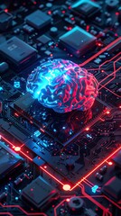 Wall Mural - 3d rendering of human brain on technology background represent artificial intelligence and cyber space concept. AI generated illustration