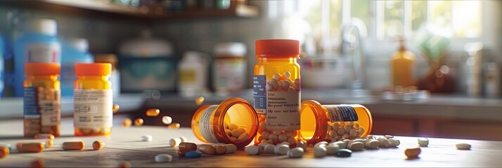 Wall Mural - Several prescription pill bottles are open and scattered with pills on a kitchen counter. Generative AI