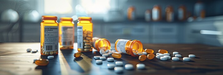 Aufkleber - A close-up image of multiple prescription pill bottles with their caps open, and scattered pills on a tabletop. Generative AI