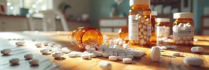 Wall Mural - An image of several prescription pill bottles with their caps open, and various pills scattered around on a wooden table. Generative AI