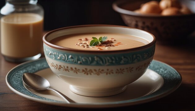 Warm lighting sets the scene for a delicious bowl of soup, topped with herbs and crunchy toppings, in a cozy setting