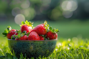 Wall Mural - Fresh Strawberries and Spinach in Bowl on Green Field