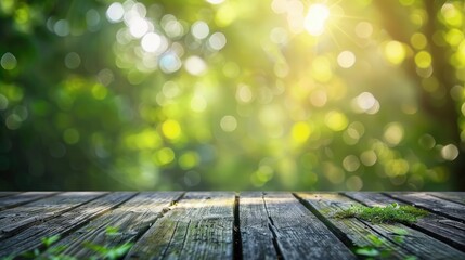 Poster - Blurry green nature background with wooden flooring