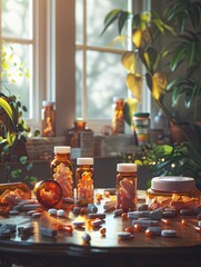 Aufkleber - A table with open prescription pill bottles and scattered pills. The background is a blurred image of a window and plants, suggesting a home or pharmacy setting. Generative AI