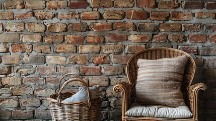 Poster - Comfortable chair with cushions and basket by brick wall