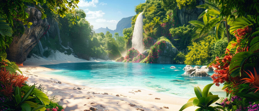 Tropical landscape with wild beach, mountains and waterfall, beautiful panoramic view of paradise in green jungle. Concept of travel, palm trees, summer, wilderness and nature