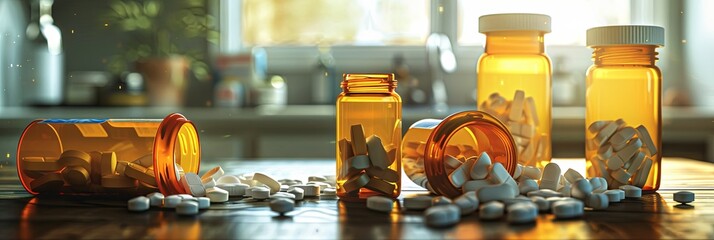 Aufkleber - Photo of open orange prescription pill bottles with scattered white pills on a table, in a home or pharmacy. Generative AI