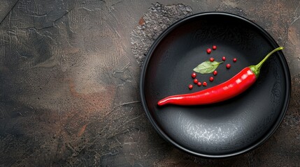 Sticker - Red chili pepper on black plate on dark stone background top view