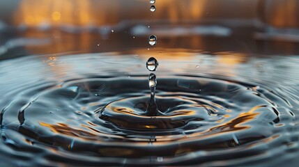 Wall Mural - A droplet hitting water, creating ripples and splash, with a blurred background