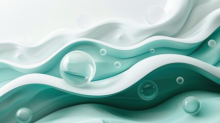 Wall Mural - Abstract teal and white waves with floating 3D spheres