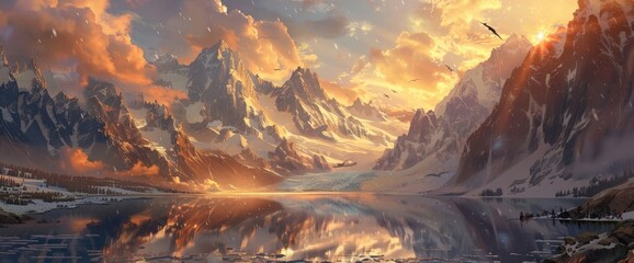 Wall Mural - Breathtaking Mountain Lake Sunset Scenery