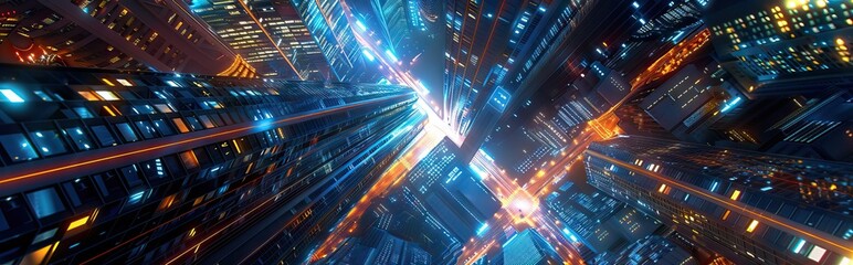 Wall Mural - Futuristic city, skyscraper, with wavelengths, abstract color lines, night scene, bright ambience, intricate lights, smart city concept. Digital illustration, mixed media. AI generated illustration