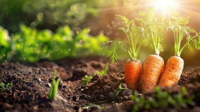 Carrots growing in rich soil with lush green tops, basking in sunlight