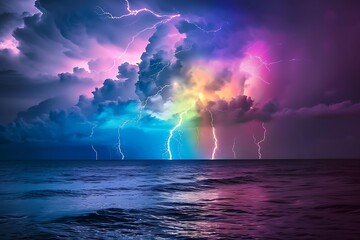 Wall Mural - A spectrum-colored lightning storm over the ocean