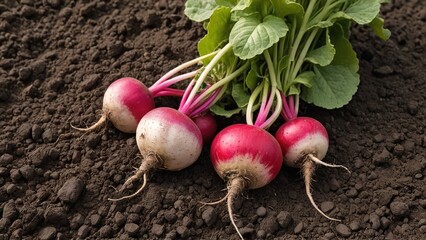 Wall Mural - Freshly Harvested Radishes in Rich Soil  Vibrant Red and Green Vegetables Photo