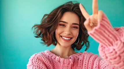 Smiling woman taking a selfie, wearing a pink sweater against a turquoise background, making an OK sign