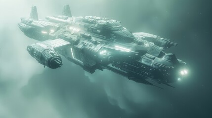 Wall Mural - Futuristic Military Spacecraft in Orbit Above Clouds