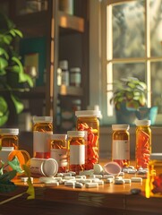Aufkleber - Prescription bottles on a wooden table, some caps off and pills spilling out. Blurry background suggests a home or pharmacy setting. Generative AI