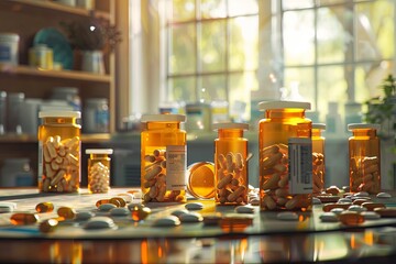Aufkleber - Multiple prescription pill bottles with their caps open, and various pills scattered around on a table in a pharmacy setting. Generative AI