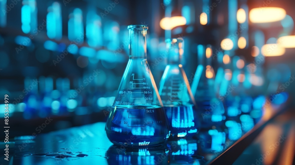 Chemistry Lab Set-up with Blue Solutions and Test Tubes on Countertop ...