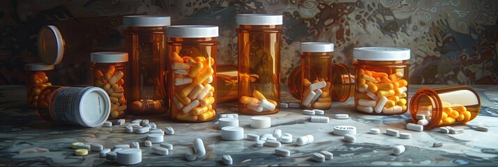 Aufkleber - A close-up image of several prescription pill bottles with their caps open, revealing a variety of pills scattered on a countertop. Generative AI