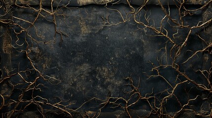 Blank dark gothic frame with dry branches edges, old worn black grunge style fantasy border, Halloween card poster horror backgrounds, medieval cinematic dramatic dark banner.