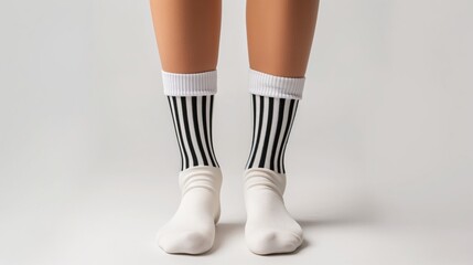 Poster - White socks with black stripes worn by a person with tan skin.